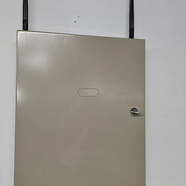Locked security alarm panel enclosure with dual cellular antennas mounted on a wall, Clermont, FL
